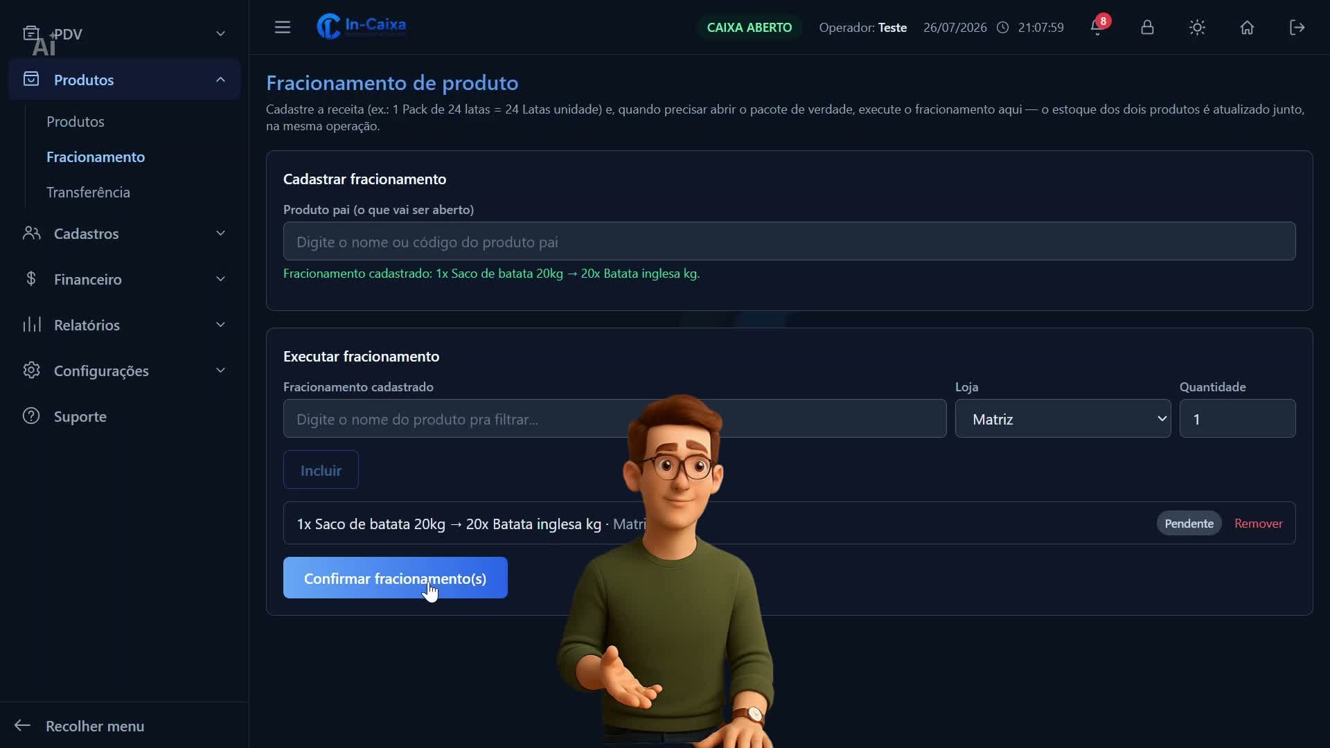 Fracionamento de produto no IN-CAIXA