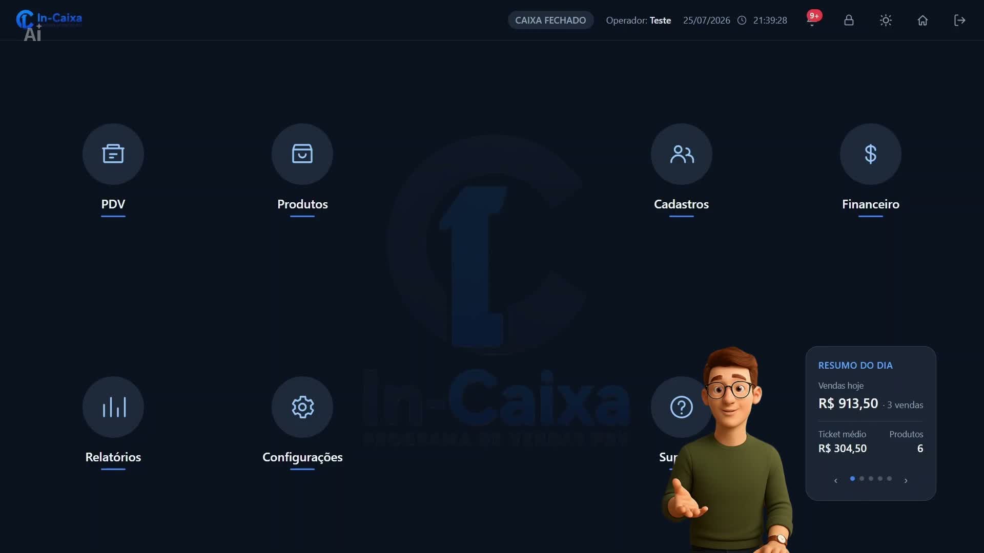 Tela inicial do IN-CAIXA com todos os módulos