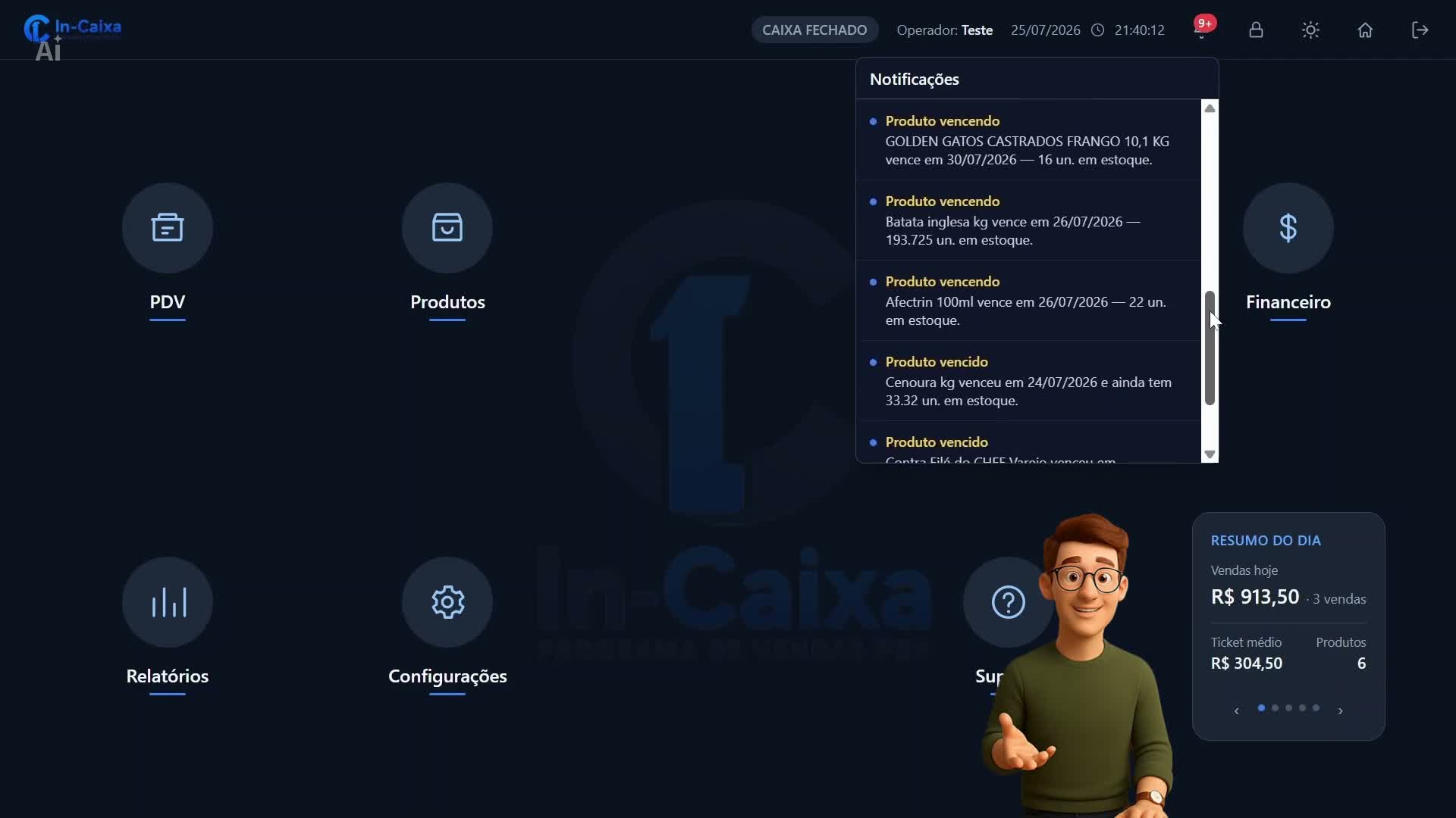Painel de notificações do IN-CAIXA